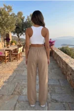Women's Mink Linen Blend Elastic Waist Wide Leg Pants - Image 4
