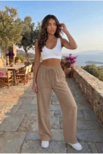 Women's Mink Linen Blend Elastic Waist Wide Leg Pants - Image 5