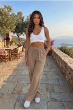 Women's Mink Linen Blend Elastic Waist Wide Leg Pants - Image 6