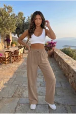 Women's Mink Linen Blend Elastic Waist Wide Leg Pants - Image 7