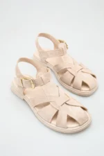 Women's Nude Suede Buckle Detail Flat Sandal