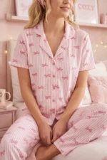 Women's Pink Ribbon Patterned Short Sleeve Crinkle Pajama Set