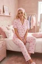 Women's Pink Ribbon Patterned Short Sleeve Crinkle Pajama Set - Image 2