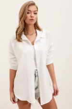 Women's Single Pocket Oversize Linen Shirt - White