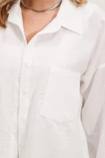 Women's Single Pocket Oversize Linen Shirt - White - Image 3