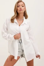 Women's Single Pocket Oversize Linen Shirt - White - Image 4