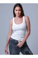 Women's Thick Strap Ribbed Cotton White Tank Top - Novelle Basic