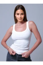 Women's Thick Strap Ribbed Cotton White Tank Top - Novelle Basic - Image 2